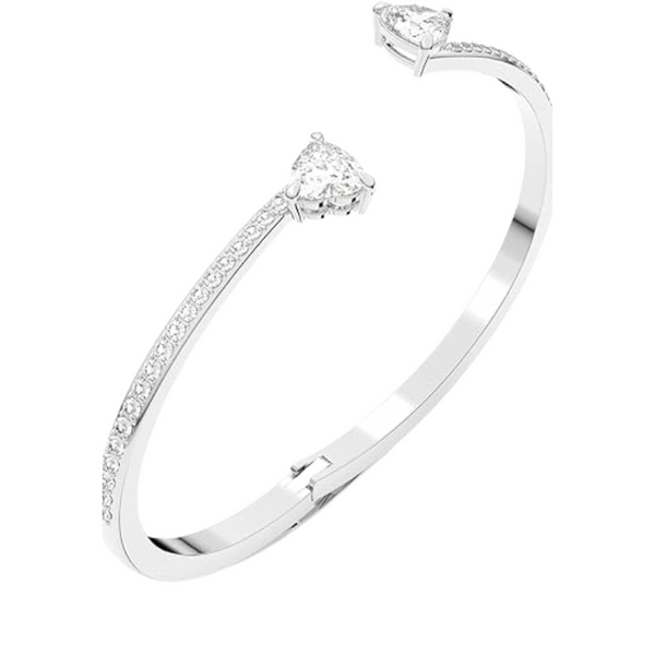 Lustrous Heart Bangle Bracelet with Clear Crystals and Rhodium Finish For Women