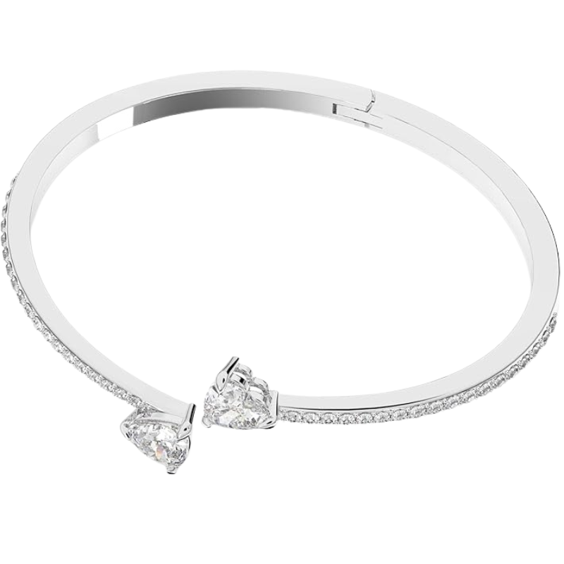 Lustrous Heart Bangle Bracelet with Clear Crystals and Rhodium Finish For Women