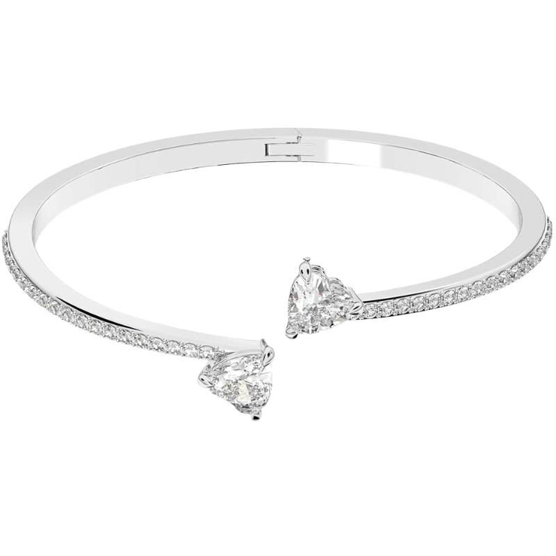 Lustrous Heart Bangle Bracelet with Clear Crystals and Rhodium Finish For Women